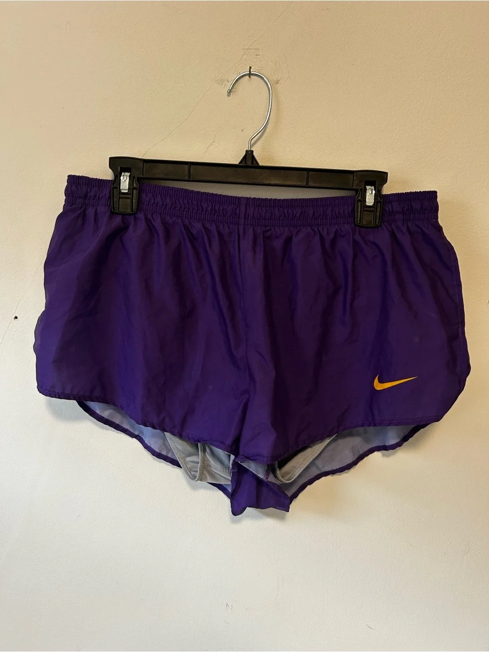 Nike Purple Running Shorts with Yellow Swoosh